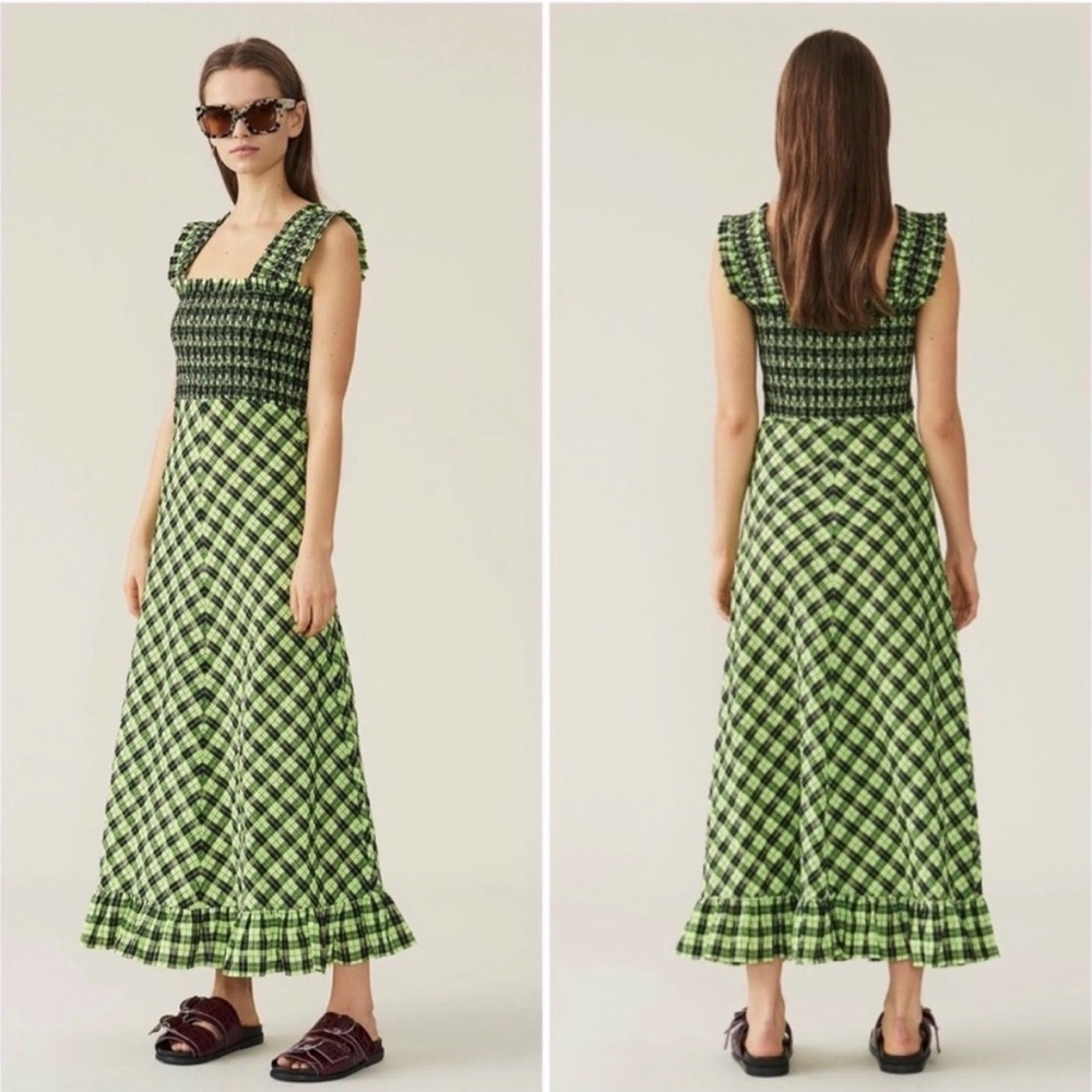 GANNI Seersucker Check Maxi Dress in green - Picture 3 of 13